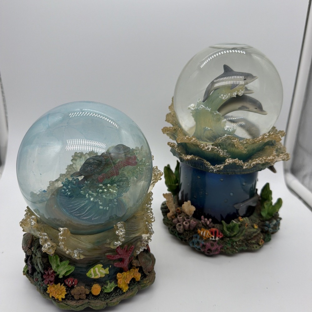 Vintage 2 Snow Globes Turtles & Dolphins On Coral Reefs Music Box Parts Only